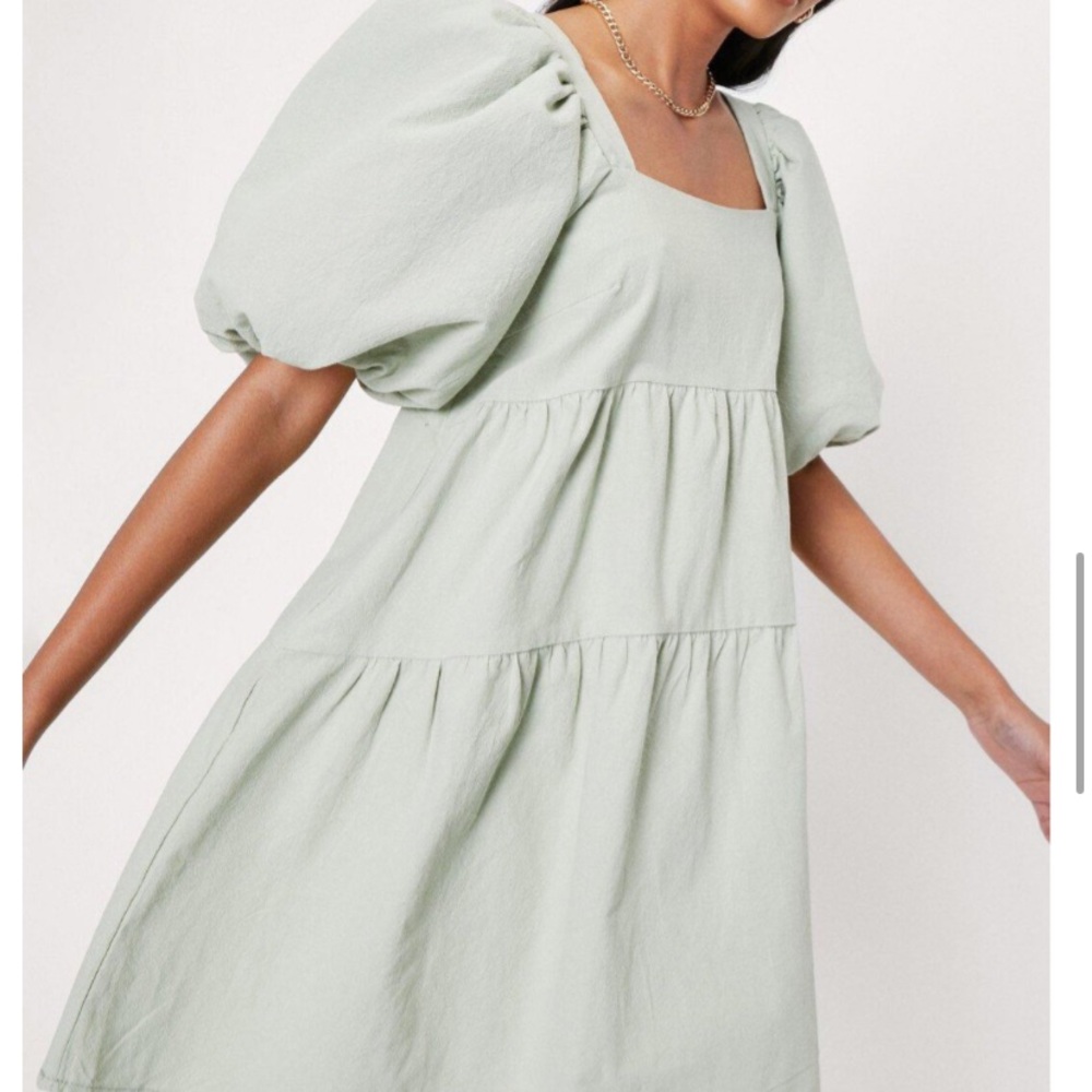 Linen Look Puff Sleeve Smock Mini Dress